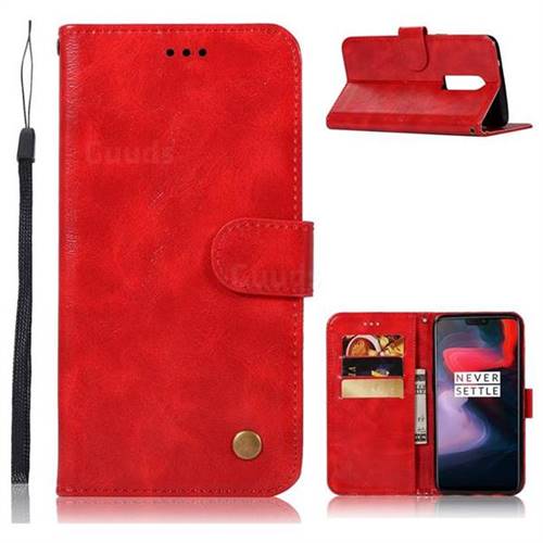 Luxury Retro Leather Wallet Case for OnePlus 6 - Red