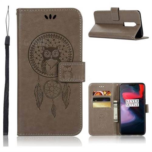 Intricate Embossing Owl Campanula Leather Wallet Case for OnePlus 6 - Grey