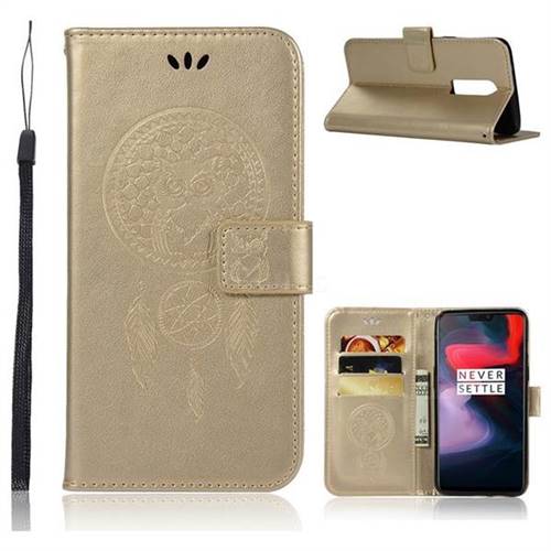 Intricate Embossing Owl Campanula Leather Wallet Case for OnePlus 6 - Champagne