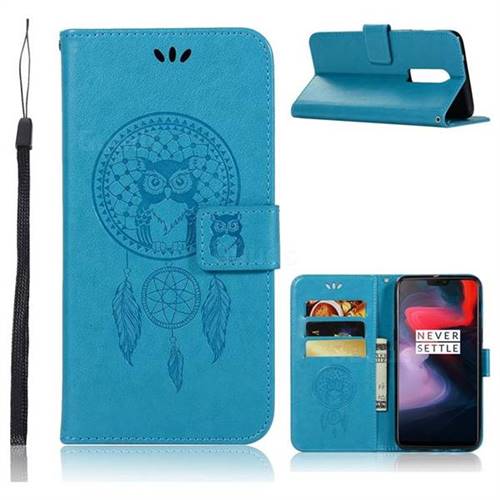 Intricate Embossing Owl Campanula Leather Wallet Case for OnePlus 6 - Blue