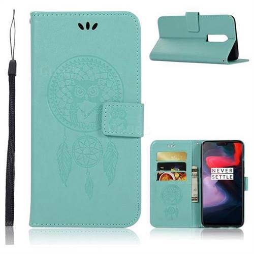 Intricate Embossing Owl Campanula Leather Wallet Case for OnePlus 6 - Green