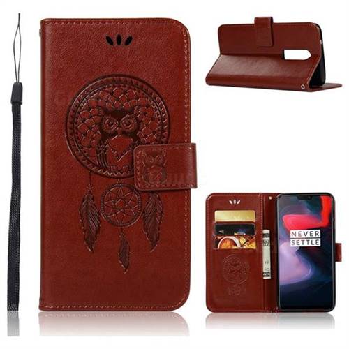 Intricate Embossing Owl Campanula Leather Wallet Case for OnePlus 6 - Brown