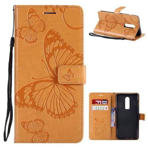 Embossing 3D Butterfly Leather Wallet Case for OnePlus 6 - Yellow