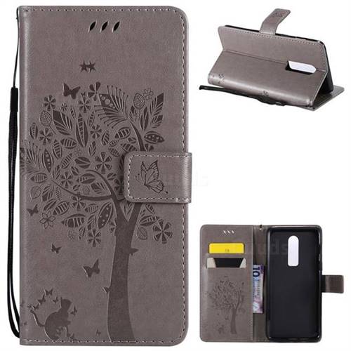 Embossing Butterfly Tree Leather Wallet Case for OnePlus 6 - Grey