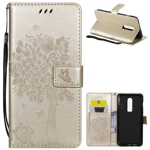 Embossing Butterfly Tree Leather Wallet Case for OnePlus 6 - Champagne