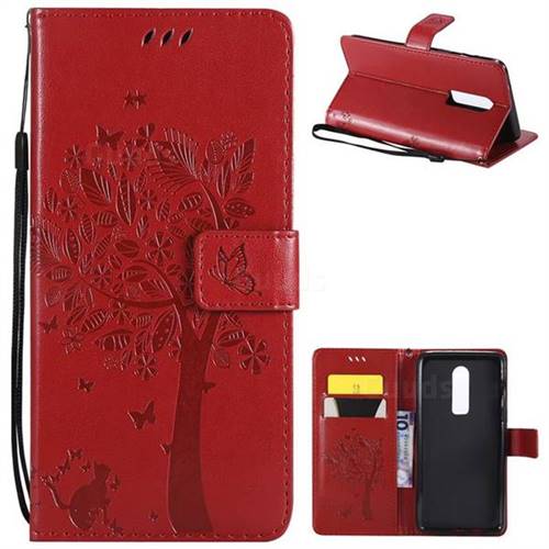 Embossing Butterfly Tree Leather Wallet Case for OnePlus 6 - Red