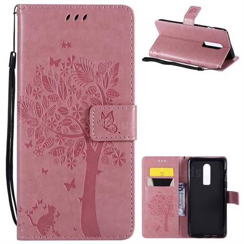 Embossing Butterfly Tree Leather Wallet Case for OnePlus 6 - Pink