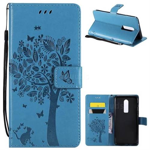 Embossing Butterfly Tree Leather Wallet Case for OnePlus 6 - Blue