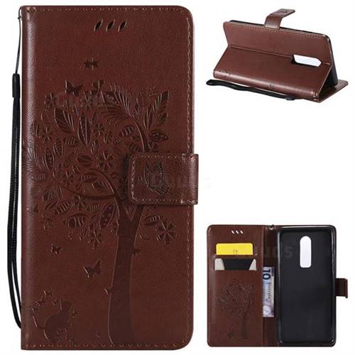 Embossing Butterfly Tree Leather Wallet Case for OnePlus 6 - Brown
