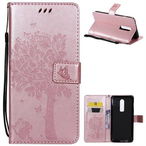Embossing Butterfly Tree Leather Wallet Case for OnePlus 6 - Rose Pink