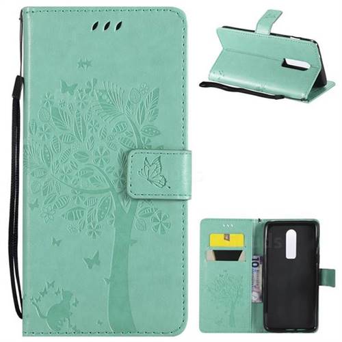 Embossing Butterfly Tree Leather Wallet Case for OnePlus 6 - Cyan