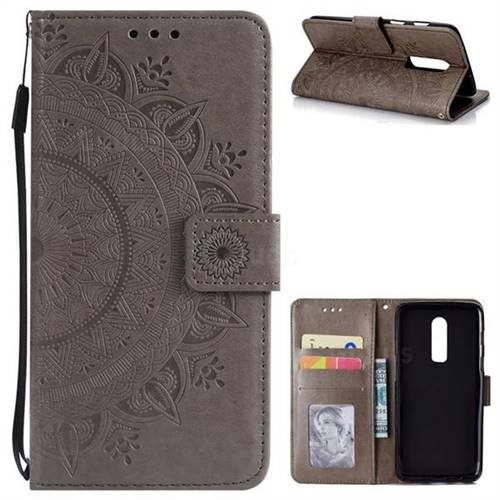 Intricate Embossing Datura Leather Wallet Case for OnePlus 6 - Gray