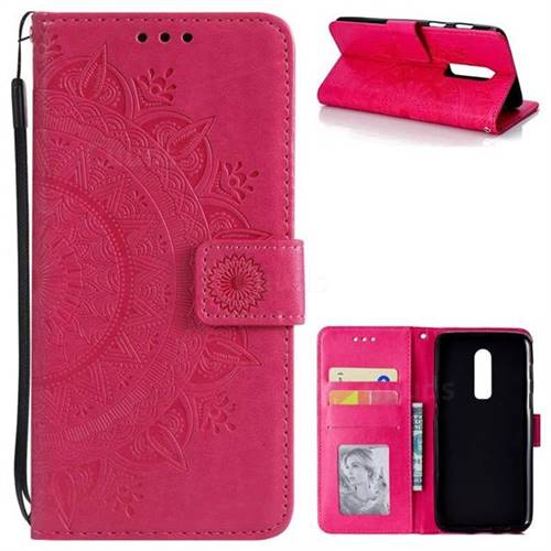Intricate Embossing Datura Leather Wallet Case for OnePlus 6 - Rose Red