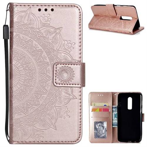 Intricate Embossing Datura Leather Wallet Case for OnePlus 6 - Rose Gold