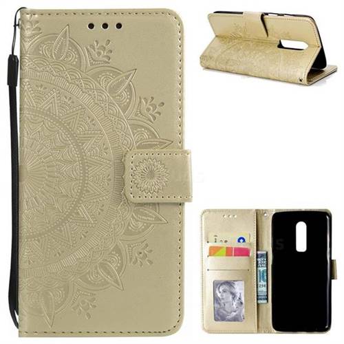 Intricate Embossing Datura Leather Wallet Case for OnePlus 6 - Golden