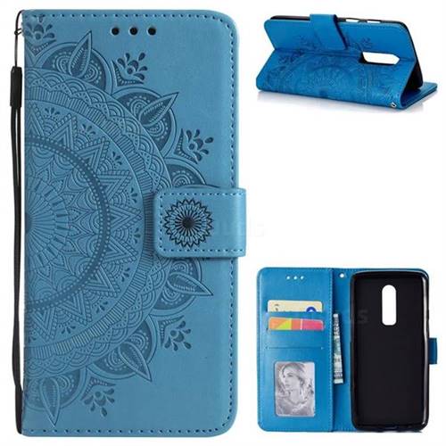 Intricate Embossing Datura Leather Wallet Case for OnePlus 6 - Blue