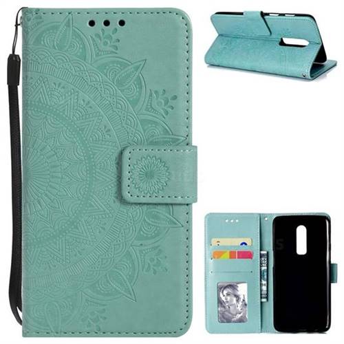 Intricate Embossing Datura Leather Wallet Case for OnePlus 6 - Mint Green