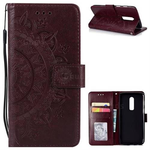 Intricate Embossing Datura Leather Wallet Case for OnePlus 6 - Brown