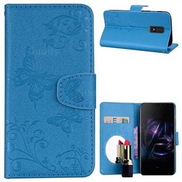 Embossing Butterfly Morning Glory Mirror Leather Wallet Case for OnePlus 6 - Blue
