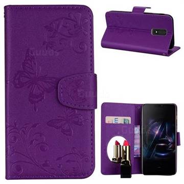 Embossing Butterfly Morning Glory Mirror Leather Wallet Case for OnePlus 6 - Purple
