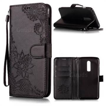 Intricate Embossing Lotus Mandala Flower Leather Wallet Case for OnePlus 6 - Black