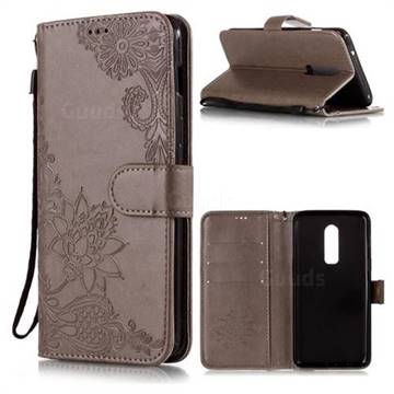 Intricate Embossing Lotus Mandala Flower Leather Wallet Case for OnePlus 6 - Gray