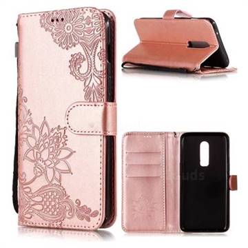 Intricate Embossing Lotus Mandala Flower Leather Wallet Case for OnePlus 6 - Rose Gold