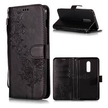 Intricate Embossing Dandelion Butterfly Leather Wallet Case for OnePlus 6 - Black