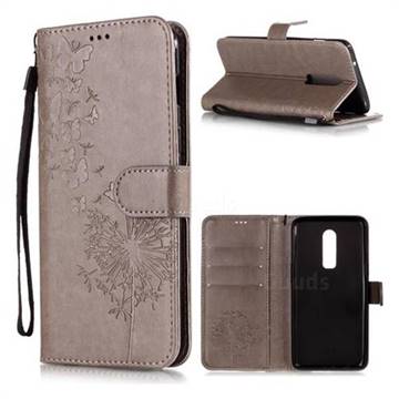 Intricate Embossing Dandelion Butterfly Leather Wallet Case for OnePlus 6 - Gray