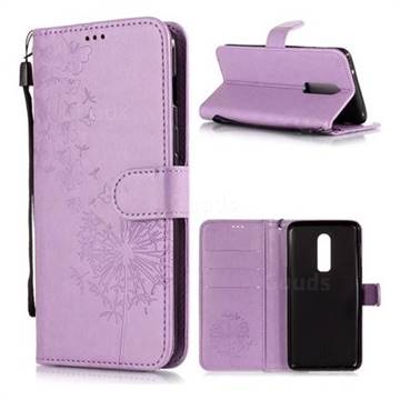Intricate Embossing Dandelion Butterfly Leather Wallet Case for OnePlus 6 - Purple