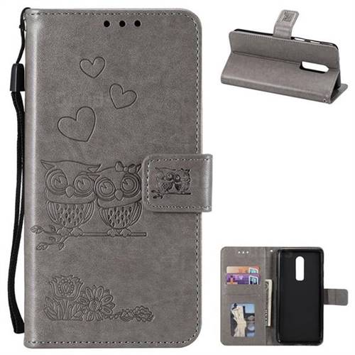 Embossing Owl Couple Flower Leather Wallet Case for OnePlus 6 - Gray