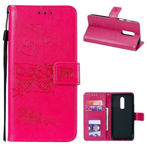 Embossing Owl Couple Flower Leather Wallet Case for OnePlus 6 - Red