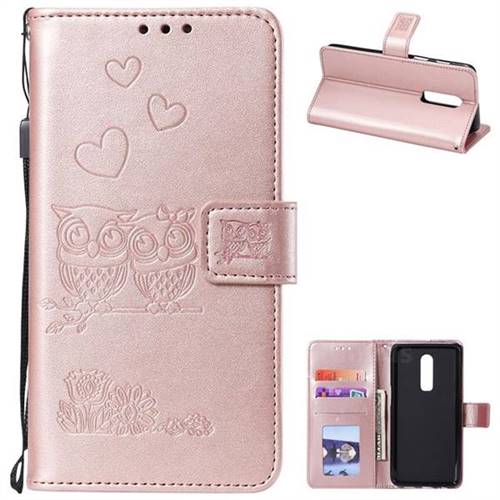 Embossing Owl Couple Flower Leather Wallet Case for OnePlus 6 - Rose Gold
