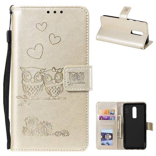 Embossing Owl Couple Flower Leather Wallet Case for OnePlus 6 - Golden