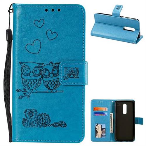 Embossing Owl Couple Flower Leather Wallet Case for OnePlus 6 - Blue