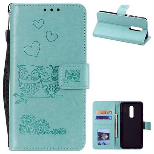 Embossing Owl Couple Flower Leather Wallet Case for OnePlus 6 - Green