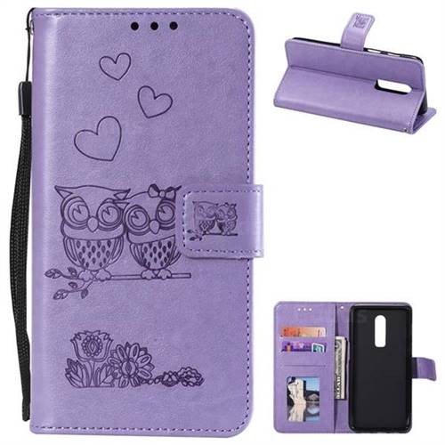 Embossing Owl Couple Flower Leather Wallet Case for OnePlus 6 - Purple