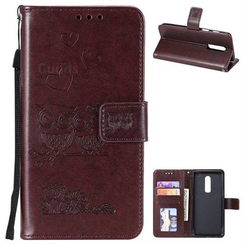 Embossing Owl Couple Flower Leather Wallet Case for OnePlus 6 - Brown