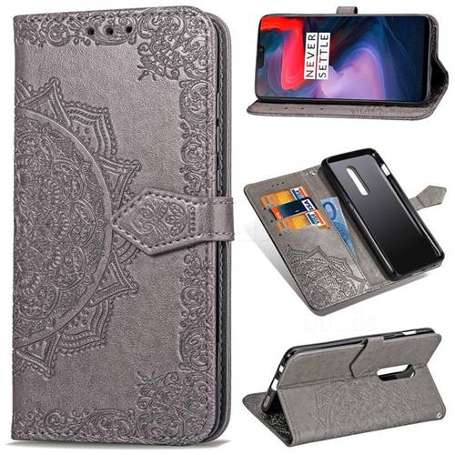 Embossing Imprint Mandala Flower Leather Wallet Case for OnePlus 6 - Gray