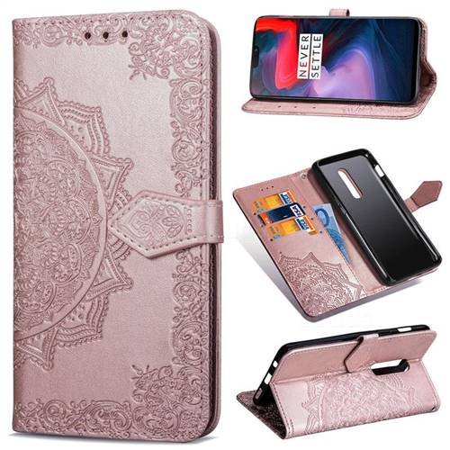 Embossing Imprint Mandala Flower Leather Wallet Case for OnePlus 6 - Rose Gold