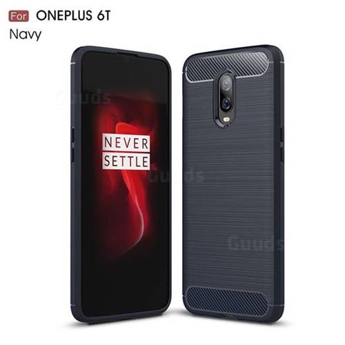 Luxury Carbon Fiber Brushed Wire Drawing Silicone TPU Back Cover for OnePlus 6T - Navy