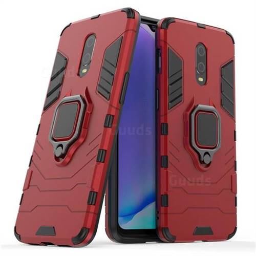 Black Panther Armor Metal Ring Grip Shockproof Dual Layer Rugged Hard Cover for OnePlus 6T - Red