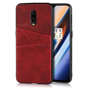 Simple Calf Card Slots Mobile Phone Back Cover for OnePlus 6T - Red