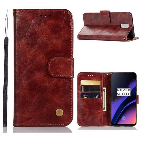Luxury Retro Leather Wallet Case for OnePlus 6T - Wine Red