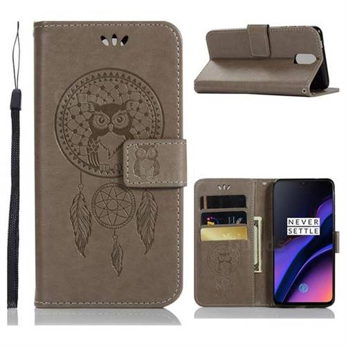 Intricate Embossing Owl Campanula Leather Wallet Case for OnePlus 6T - Grey