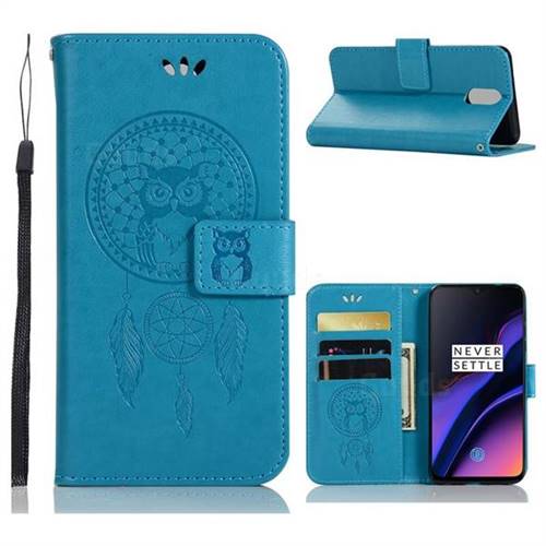 Intricate Embossing Owl Campanula Leather Wallet Case for OnePlus 6T - Blue