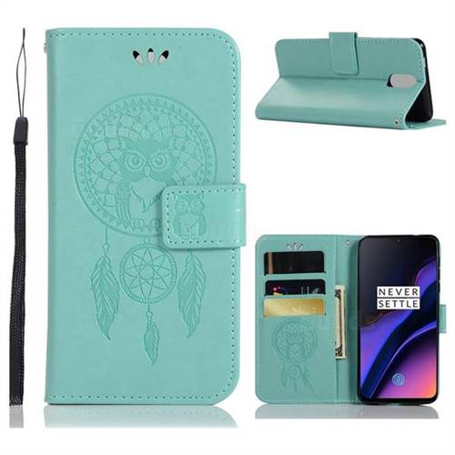 Intricate Embossing Owl Campanula Leather Wallet Case for OnePlus 6T - Green