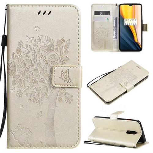 Embossing Butterfly Tree Leather Wallet Case for OnePlus 6T - Champagne