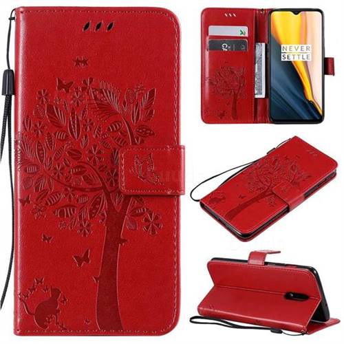Embossing Butterfly Tree Leather Wallet Case for OnePlus 6T - Red