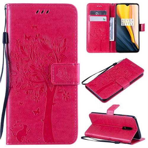 Embossing Butterfly Tree Leather Wallet Case for OnePlus 6T - Rose
